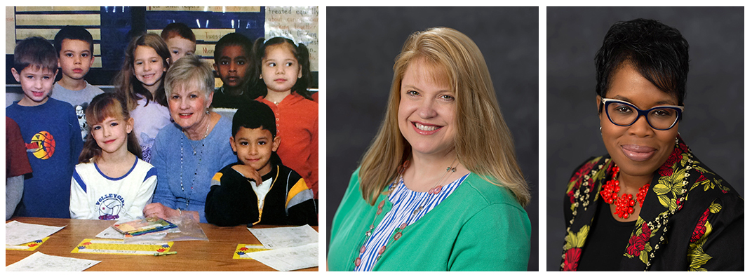 Composite image showing a yearbook portrait of Principal Janet Funk, and the head-and-shoulders staff portraits of principals Jamey Chianetta and Kerry Peerman. In her photograph, Funk is seated at a table surrounded by students.  