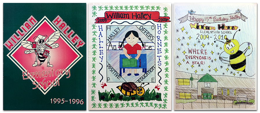 Composite image showing the cover of three Halley Elementary School yearbook covers. Years pictured are 1995 to 1996, 2005 to 2006, and 2009 to 2010. 